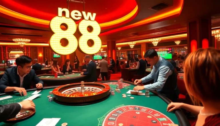 Gamblers enjoying high-stakes action at new 88 Casino with vibrant tables and engaging players.