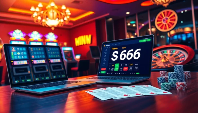 S666 đăng nhập interface on a laptop in a digital casino setting with vibrant slot machines.