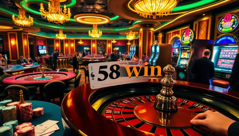 Exciting casino atmosphere with players engaging in games for the chance to 58 win, featuring roulette and poker tables.