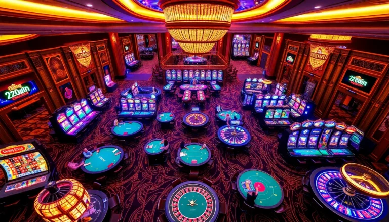 Experience thrilling gambling activities at Trang Chủ 32win, showcasing vibrant casino tables and exciting slot machines.