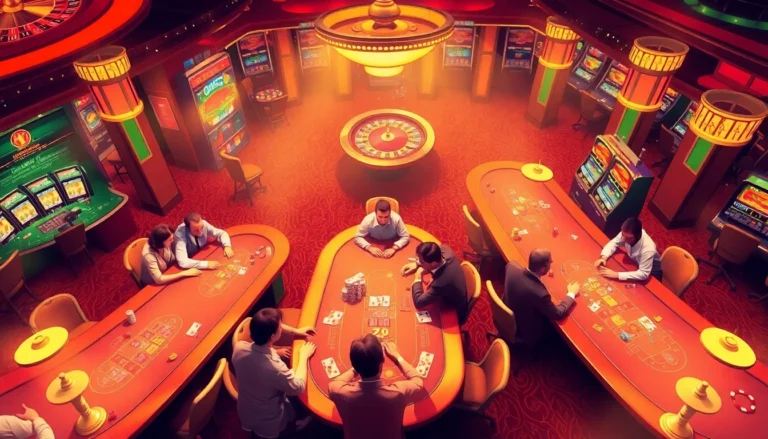 Hi88 players intensely focus on poker tables amidst a lively casino atmosphere, showcasing excitement in gambling.