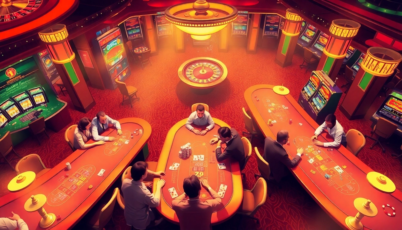 Hi88 players intensely focus on poker tables amidst a lively casino atmosphere, showcasing excitement in gambling.