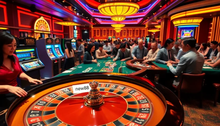 Exciting scene at a casino featuring new88 on a betting slip amidst roulette and poker players.