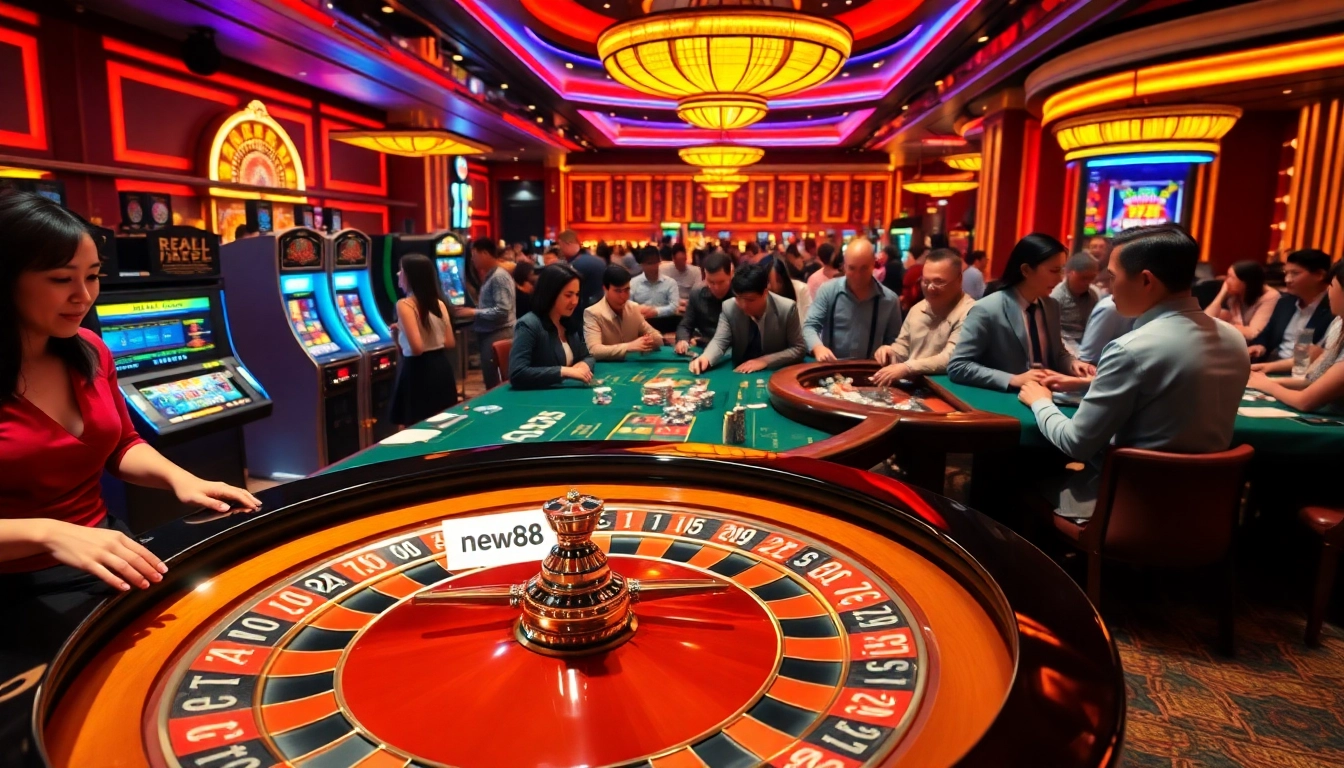 Exciting scene at a casino featuring new88 on a betting slip amidst roulette and poker players.